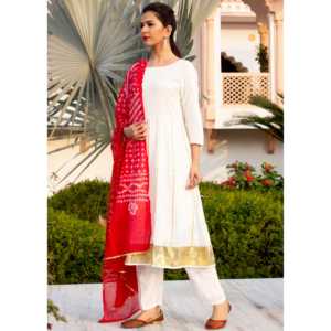 Ensemble Kurta Anarkali blanc en tissu Dobby pour femme avec dupatta Bandhej rouge, manches 3/4, taille XS, en mousseline de soie - Product Image 5