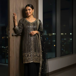 ชุดคุर्ตาปักลายสีดำสำหรับผู้หญิง พร้อมกางเกงและผ้าคลุมไหล่ – ชุดสัลวาร์สำหรับงานเทศกาลแบบอินเดียและปากีสถาน - Product Image 3