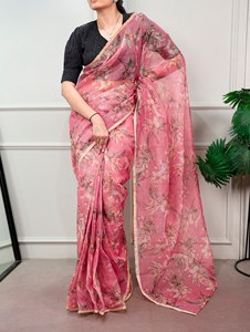 Sari Ligero Kota Doria con Estampado Floral y Blusa Bordada Lucknowi de Algodón Cosido, Elegante Traje Étnico Tradicional para Mujer - Product Image 2