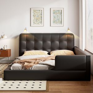 Letto matrimoniale imbottito nero con piattaforma e 2 luci da lettura - Product Image 3