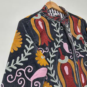 Factory Price Vintage Suzani Embroidered Velvet Jacket Women Short Boho Floral Bomber Jacket <b>Winter</b> Warm <b>Coat</b> Trendy Top Product - Product Image 3