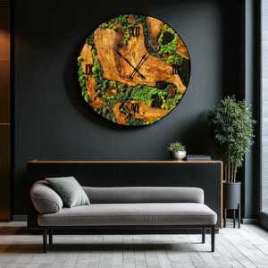 นาฬิกาแขวนผนังขนาดใหญ่ทำมือจากไม้มะกอกและมอส ตกแต่งด้วยงานศิลปะสีเขียวแบบชนบทพร้อมกรอบสีดำ - Product Image 4