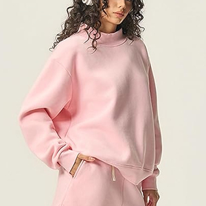 Women's Pink Oversized Turtleneck Sweatshirt Drop Shoulder Long Sleeve Solid Color Knitted 100% Cotton Autumn Wear - Product Image 5