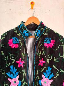Handmade Black <b>Velvet</b> Embroidered Suzani <b>Jacket</b> with Flora & Deer Pattern Full Sleeve Stand Collar Handmade Bohemian Winter Coat - Product Image 5