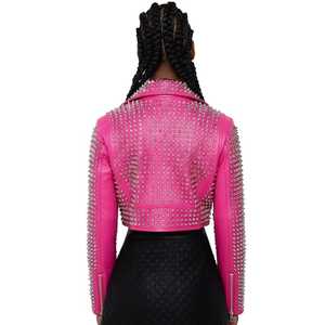 Pink Genuine Leather Moto Jacket Full Sleeve Stand Collar <b>Zipper</b> Closure Rivet Decoration Short Length Autumn Wear - Product Image 2