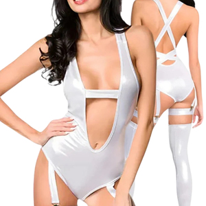 Women's White Satin Bodysuit See Through Hollow Out Sexy Lingerie With Thigh High Stockings - Product Image 6