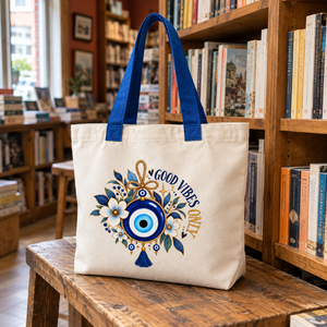 Sac fourre-tout en toile crème imprimé œil maléfique avec poignées bleues |   Sac de courses réutilisable en coton pour femmes, impression personnalisée, vente en gros, qualité supérieure - Product Image 2