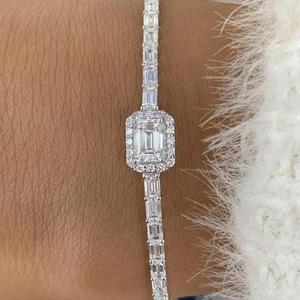 Emerald Cut Diamond Tennis Bracelet with Emerald Halo Center <b>Solid</b> <b>Gold</b> Luxury Bracelet Elegant Wedding Jewelry Gift For Her - Product Image 4