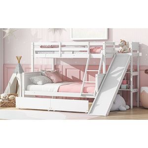 Letto a Castello Grigio con Letto Singolo Sopra e Letto Matrimoniale, 2 Cassetti e Scaffali Scorrevoli, Scala, in Legno di Gomma per Bambini - Product Image 6