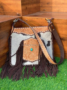 New Western Stylish Hand Tooled Cowhide Fur <b>Leather</b> Fringe Bag Fashionable High Quality Women Unique Stone Concealed Carry Purse - Product Image 2
