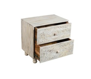 Mesa de Noche Vintage de Madera Tallada a Mano con Dos Cajones, Diseño Floral, Gabinete de Almacenamiento para Dormitorio o Sala de Estar - Product Image 2