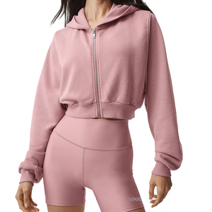 Conjunto de Sudadera Corta con Capucha de Felpa Francesa y Pantalones Cortos de Compresión para Mujer, Conjunto de 2 Piezas, Ropa Deportiva de Mezcla de Algodón, Atuendo de Gimnasio, Personalizado OEM - Product Image 1