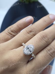Oval Cut VVS Moissanite Engagement <b>Ring</b> Halo Setting Rhodium Plated 925 Sterling <b>Silver</b> Women Daily Wear - Product Image 5