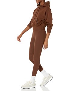Sweat-shirt à capuche marron pour femme, coupe courte, manches régulières, couleur unie, en coton tricoté, pour l'automne - Product Image 4