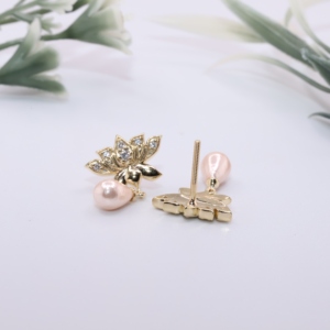Yellow Gold Lotus Flower Lab Grown <b>Diamond</b> Stud <b>Earrings</b> with <b>Pearl</b> Drop Minimalist Design for Wedding Engagement Gift Women - Product Image 5