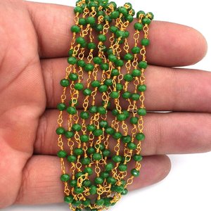 Chaîne de chapelet en perles d'émeraude hydrofuges, perles rondes facettées de 3 mm, fil plaqué or, chaîne en vrac pour la fabrication de bijoux - Product Image 5