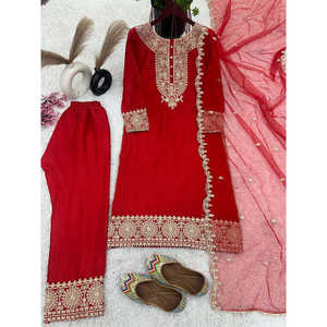 Hermoso conjunto de Parte superior inferior y Dupatta para mujer con codificación de bordado Dori-Sequence Work - Product Image 4