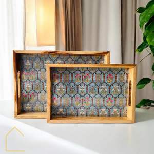 Juego de 2 bandejas de madera impresas más vendidas, plato de madera hecho a mano con asas, bandeja decorativa para servir postres - Product Image 1