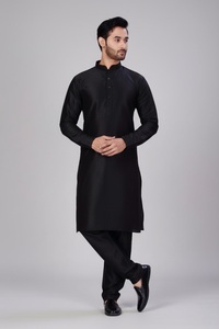 Men's Wrinkle Free Dupion <b>Silk</b> Kurta Pajama Set <b>Black</b> | Indian Ethnic Wear for Wedding & Diwali | Size 36-50 | Wholesale - Product Image 2