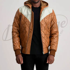 Blouson matelassé en cuir bicolore premium pour homme, design matelassé losanges, avec capuche, en similicuir, chaud et rembourré, pour l'hiver, avec épaulettes - Product Image 1