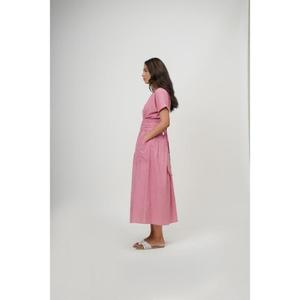 Vestido midi de lino rosa de alta calidad, corte en A, con cuello en V, manga corta, lazo cruzado y bolsillos, estilo sencillo y transpirable para verano, para mujer. - Product Image 5