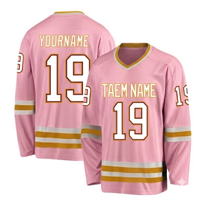 Maillot de hockey sur glace personnalisé rose bébé à impression numérique pour homme, 100 % polyester, tissu mesh 220g, séchage rapide, manches longues, col en V, pull-over - Product Image 1