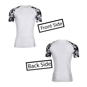 Men's Short Sleeve <b>Compression</b> Rash Guard White With Gray <b>Black</b> Camo Sleeves Quick Dry Polyester Athletic <b>Shirt</b> Top - Product Image 6