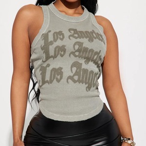 Débardeur en tricot pour femme, imprimé Los Angeles, col rond, sans manches, style streetwear, gris - Product Image 1