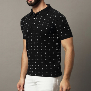 Polo à manches courtes pour homme, noir, imprimé géométrique, tricoté, coupe décontractée - Product Image 1