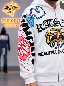Sudadera con capucha blanca con cremallera para hombre Rexfit 2025, estilo urbano oversize, diseño de dibujos animados con estampado completo, puños y cintura acanalados con cremallera. - Product Image 5