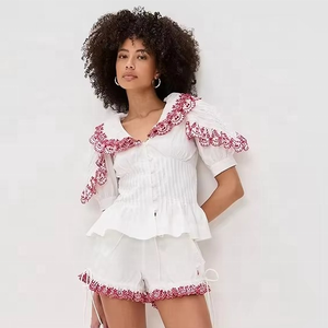 เสื้อครอปสั้นลำลองผ้าชีฟองปักลายดีไซน์เนอร์ล่าสุด ผ้าฝ้ายแท้ แต่งเชือกเก๋ไก๋ ลายปักเรียบหรู 2 ชิ้น - Product Image 2