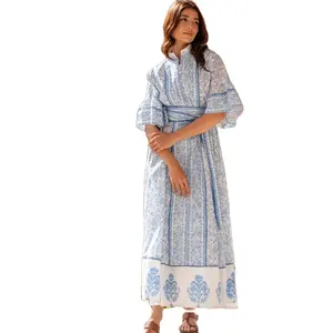 2024 Collection For Woman's Three Quarter Bell Sleeve Unique Summer Printed Handmade Long Maxi