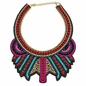 Handmade Embroidered Bib Necklace with Multicolor Beads, Gold Sequins, Red Rhinestone Centerpiece, Ethnic Statement Jewelry - Product Image 4