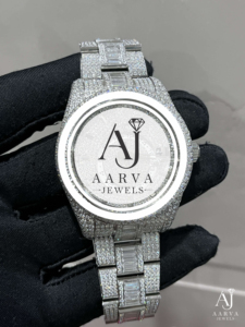 Montre AARVA JEWELS de luxe pour femme en acier inoxydable avec moissanite, mouvement Miyota, 38 mm, analogique, quartz, verre saphir, fermoir pliant de sécurité - Product Image 1