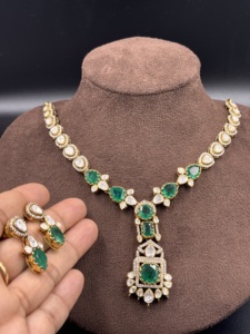 Amaira Jewels Brass Green Doublet Pendant Sets CZ Polki Handmade Ethnic Women's Jewelry Cut Engagement <b>Statement</b> <b>Necklace</b> Set - Product Image 4