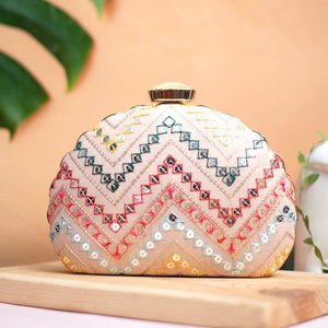 Baby Pink Zig Zag Embroidery D-Shape Party <b>Clutch</b> Bag Designer Party Handbag for Women <b>Wedding</b> Occasions - Product Image 1