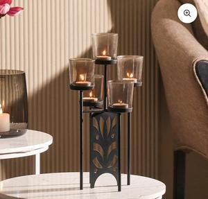 Black <b>Iron</b> Candle Stand with <b>5</b> Smoke Glass Holders Decorative Home Accent Piece - Product Image 2