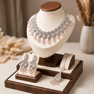 Parure de bijoux ethniques roses plaqués or avec zircon et cristal, collier, boucles d'oreilles et bague en argent pour mariage ou cadeau de fête - Product Image 3