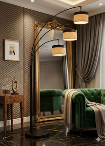 Lampe de sol moderne en métal à 3 bras, abat-jour en tissu beige, lumière LED cylindrique, base E26, 2700K, blanc chaud, éclairage intérieur - Product Image 5