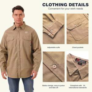 Camisa de Trabajo de Seguridad FR para Soldadura y Construcción, Retardante de Llama, Nivel CAT2, Ropa de Protección contra Vapores, Tela Twill FRC de 6.5OZ ZUNEZI - Product Image 3
