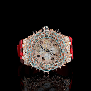 Reloj de Lujo para Hombre, Diseño Antiguo con Corona de Espinas, Cuarzo, Moissanita, Bisel de Diamantes en Oro Rosa, Correa de Goma Roja, 46mm, Estilo Hip Hop - Product Image 1