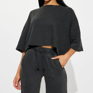 Women Acid Wash Raw Edge Wide Crop Top Oversized Shirt <b>Set</b> Woman 2 Piece Straight Oversized Pants Leisure <b>Sets</b> For Women - Product Image 3