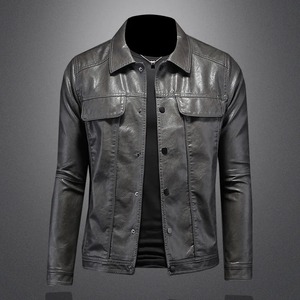 Chaqueta de Cuero PU Marrón para Hombre, Cuello Camisero, Cierre de Botones, Corte Entallado, Estilo Casual Otoñal, Color Sólido, Estilo Vintage - Product Image 3