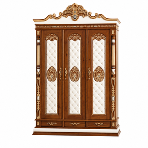 Armario Tradicional Ornamentado de 3 Puertas con Paneles Tapizados y Tiradores de Latón para Dormitorio, Muebles de Indonesia - Product Image 4