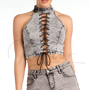 Top Corto de Mezclilla para Mujer, Lavado Claro, Corte Ajustado, Cierre de Botones, Verano, Venta al Por Mayor, Logotipo Personalizado - Product Image 3