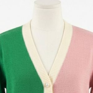 Customized AKA Pink Green Two Tone Color Block Women's Knitted Sorority <b>Cardigan</b> <b>Sweater</b> Pearl Button V Neck Long Sleeve Greek - Product Image 5