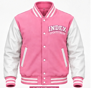 INDEX Varsity <b>Jacket</b> <b>Pink</b> White Sleeve Embroidered Logo Turn-down Collar Button Closure Autumn Wear Unisex Preppy Style - Product Image 1