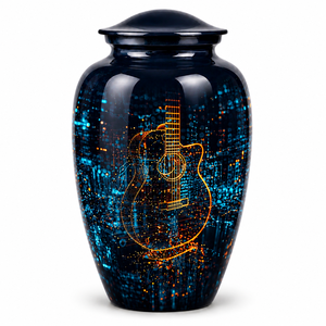 Urna Funeraria de Esmalte de Lujo con Diseño de Guitarra Nocturna Urbana y Adhesivo Conmemorativo para Cenizas Humanas - Product Image 6