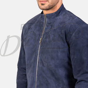 Chaqueta de cuero de gamuza azul pizarra para hombre, piel de oveja auténtica, corte ajustado, estilo casual, tipo motociclista, con cremallera, estilo bomber. - Product Image 1