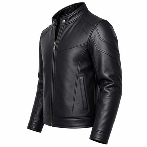 Blouson moto en cuir PU noir pour homme, col montant, fermeture éclair, coupe ajustée, longueur standard, pour l'automne - Product Image 3